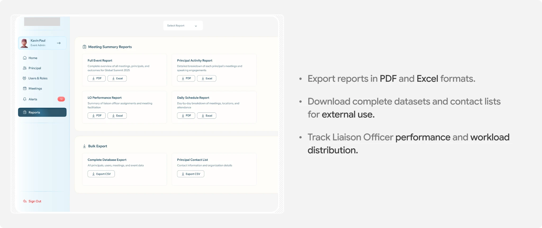 Organiser Admin reports and exports for meetings, principal activity and liaison officer performance