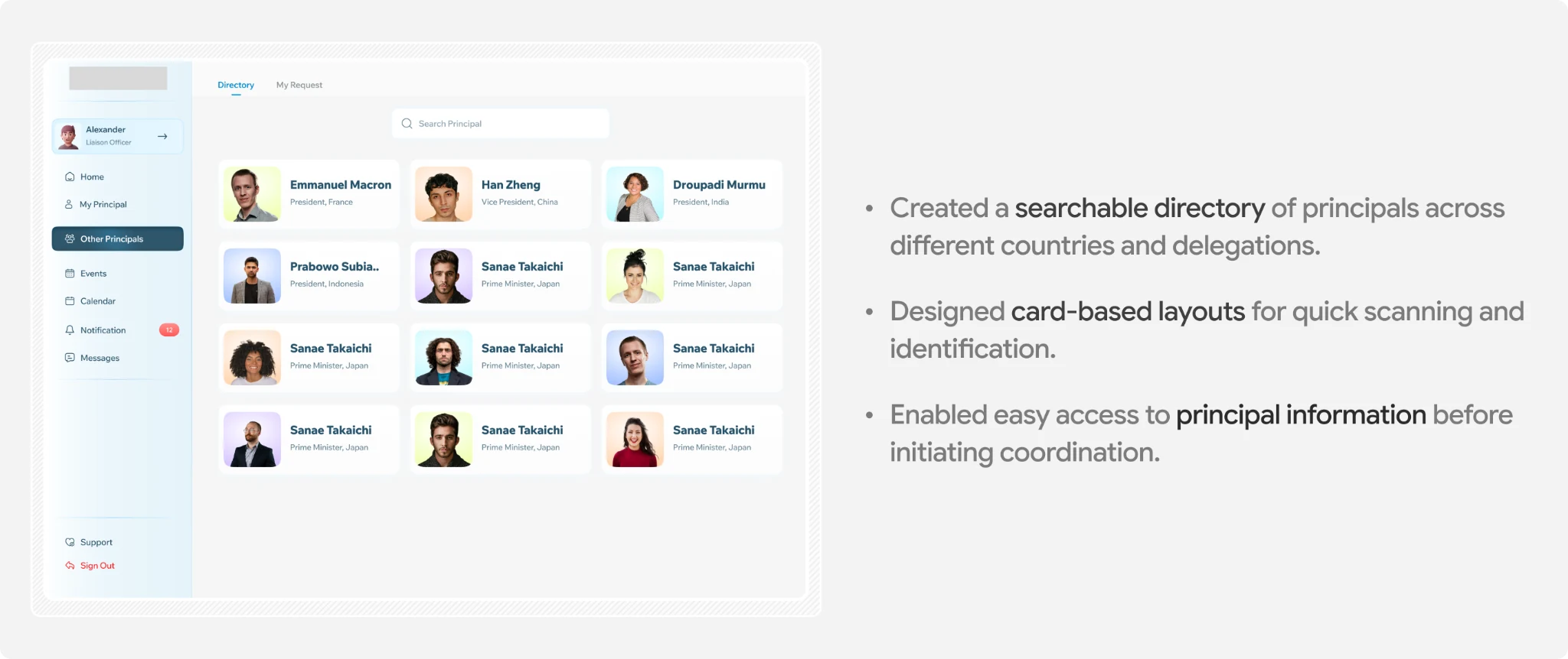 Searchable principal directory with card-based profiles