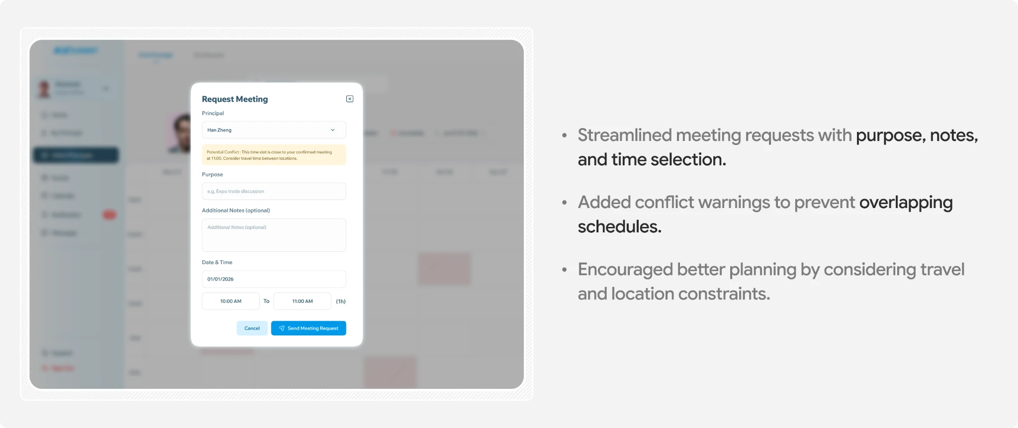 Meeting request form with scheduling conflict warnings