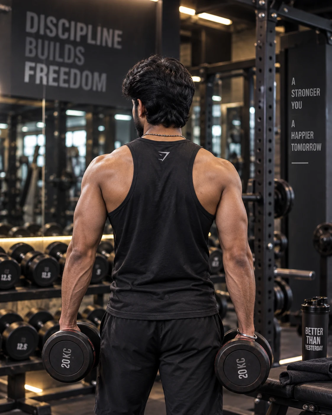 Back view of Tamil holding dumbbells in a gym