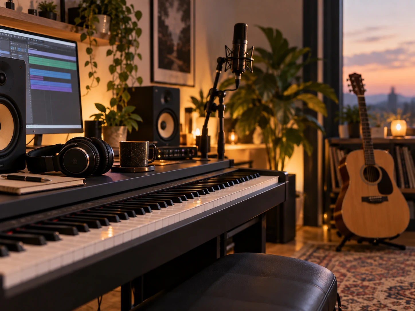 Music studio with a keyboard, microphone, headphones and acoustic guitar