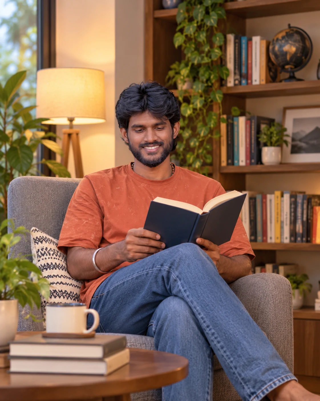 Tamil reading a book beside a bookshelf